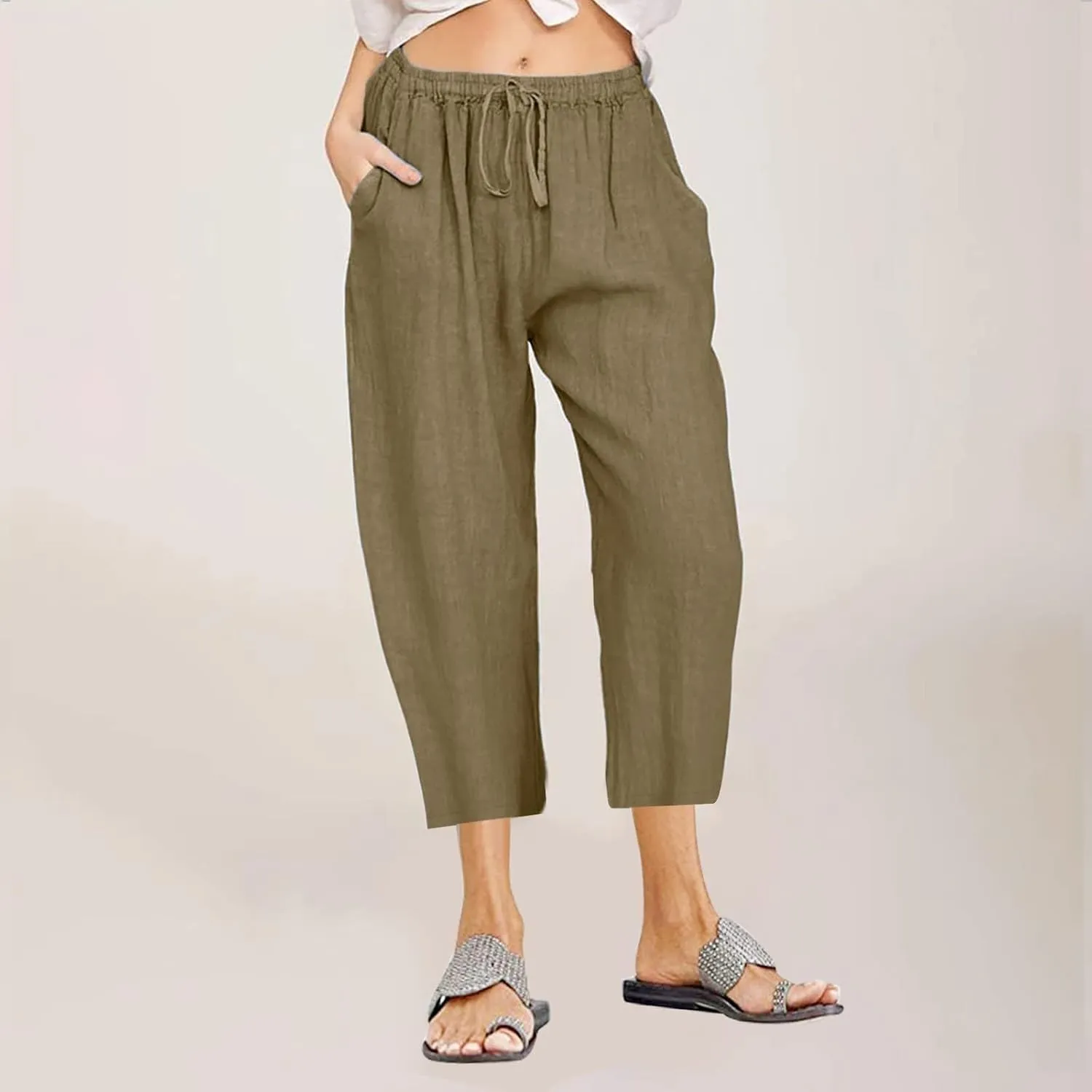 Capri Pants for Women Summer Drawstring Elastic High Waist Cotton Linen Wide Leg Trouser, Small-5X-Large