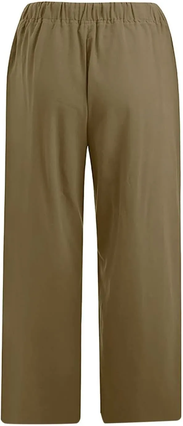 Capri Pants for Women Summer Drawstring Elastic High Waist Cotton Linen Wide Leg Trouser, Small-5X-Large