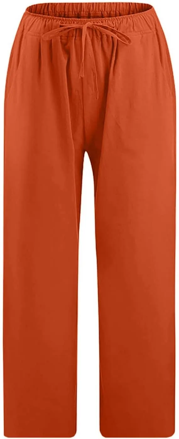 Capri Pants for Women Summer Drawstring Elastic High Waist Cotton Linen Wide Leg Trouser, Small-5X-Large