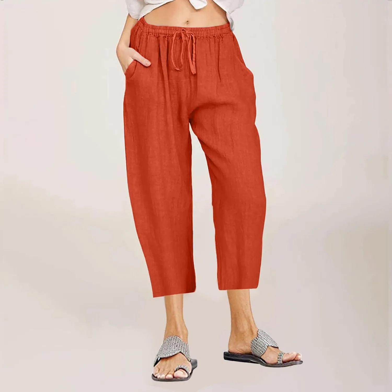 Capri Pants for Women Summer Drawstring Elastic High Waist Cotton Linen Wide Leg Trouser, Small-5X-Large