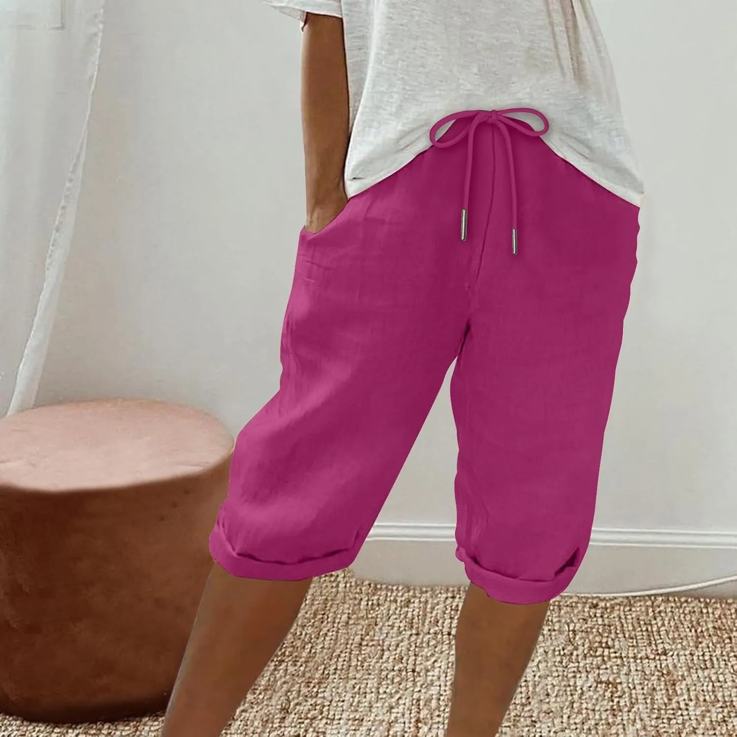 Capris Pants for Women Cotton Linen Summer 2025 Straight Wide Leg Loose Drawstring Elastic Waist Cropped Trouser