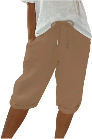 Capris Pants for Women Cotton Linen Summer 2025 Straight Wide Leg Loose Drawstring Elastic Waist Cropped Trouser