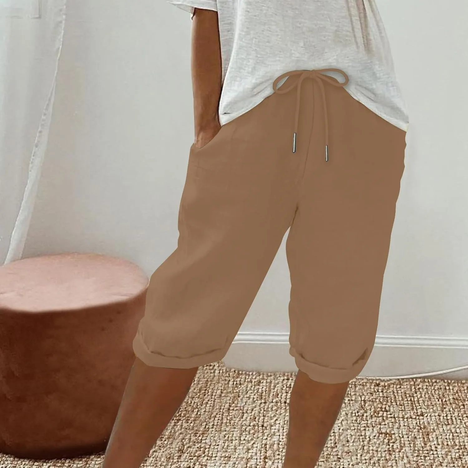 Capris Pants for Women Cotton Linen Summer 2025 Straight Wide Leg Loose Drawstring Elastic Waist Cropped Trouser