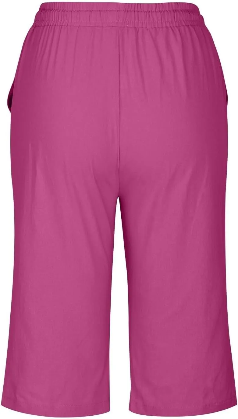 Capris Pants for Women Cotton Linen Summer 2025 Straight Wide Leg Loose Drawstring Elastic Waist Cropped Trouser
