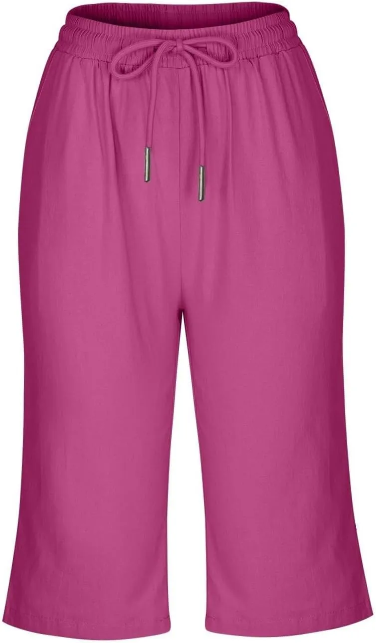 Capris Pants for Women Cotton Linen Summer 2025 Straight Wide Leg Loose Drawstring Elastic Waist Cropped Trouser