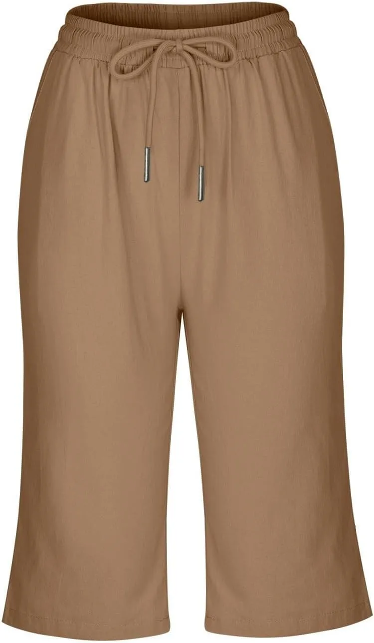 Capris Pants for Women Cotton Linen Summer 2025 Straight Wide Leg Loose Drawstring Elastic Waist Cropped Trouser