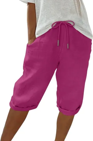 Capris Pants for Women Cotton Linen Summer 2025 Straight Wide Leg Loose Drawstring Elastic Waist Cropped Trouser