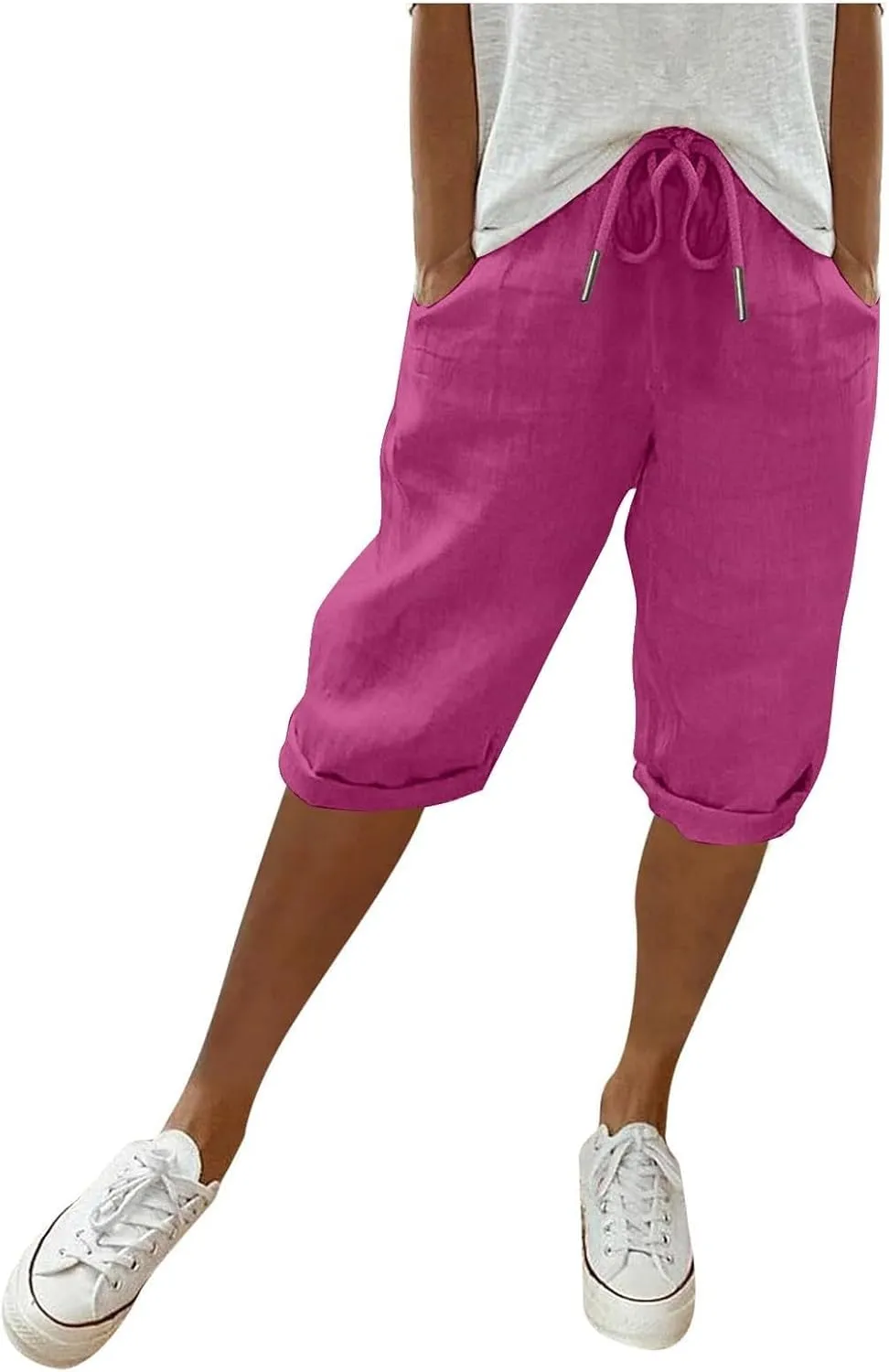 Capris Pants for Women Cotton Linen Summer 2025 Straight Wide Leg Loose Drawstring Elastic Waist Cropped Trouser
