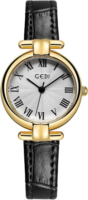 CARLIEN Womens Small Dainty Gold Silver Round Easy Reader Analog Quartz Watch Vintage Roman Numerals Slim Leather Band Casual Wristwatch