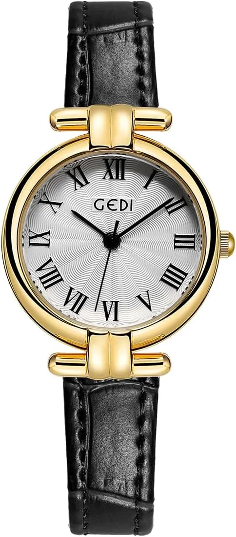 CARLIEN Womens Small Dainty Gold Silver Round Easy Reader Analog Quartz Watch Vintage Roman Numerals Slim Leather Band Casual Wristwatch