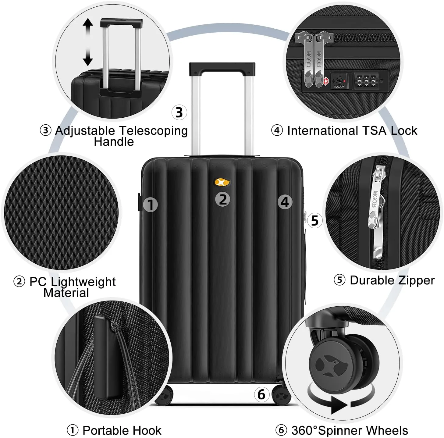 Carry On Luggage 22x14x9 Airline Approved, Hard Suitcases with Spinner Wheels, Polycarbonate Lightweight Luggage, Durable & Stylish, Built-in TSA Lock, Black