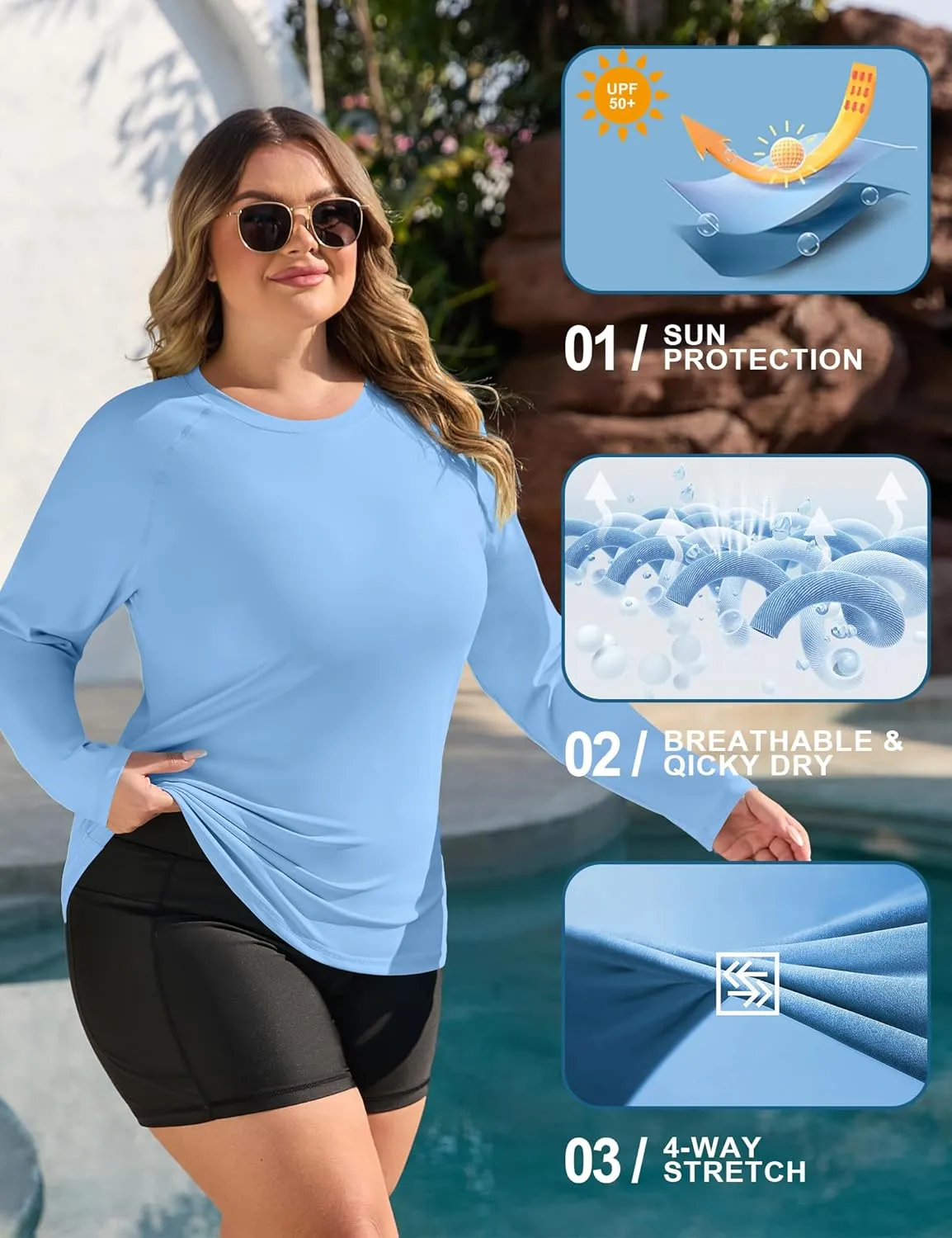 COOTRY Women's Plus Size UPF 50  Sun Shirts Long Sleeve Workout Hiking Tops UV Protection Rash Guard Quick Dry Swim Shirt