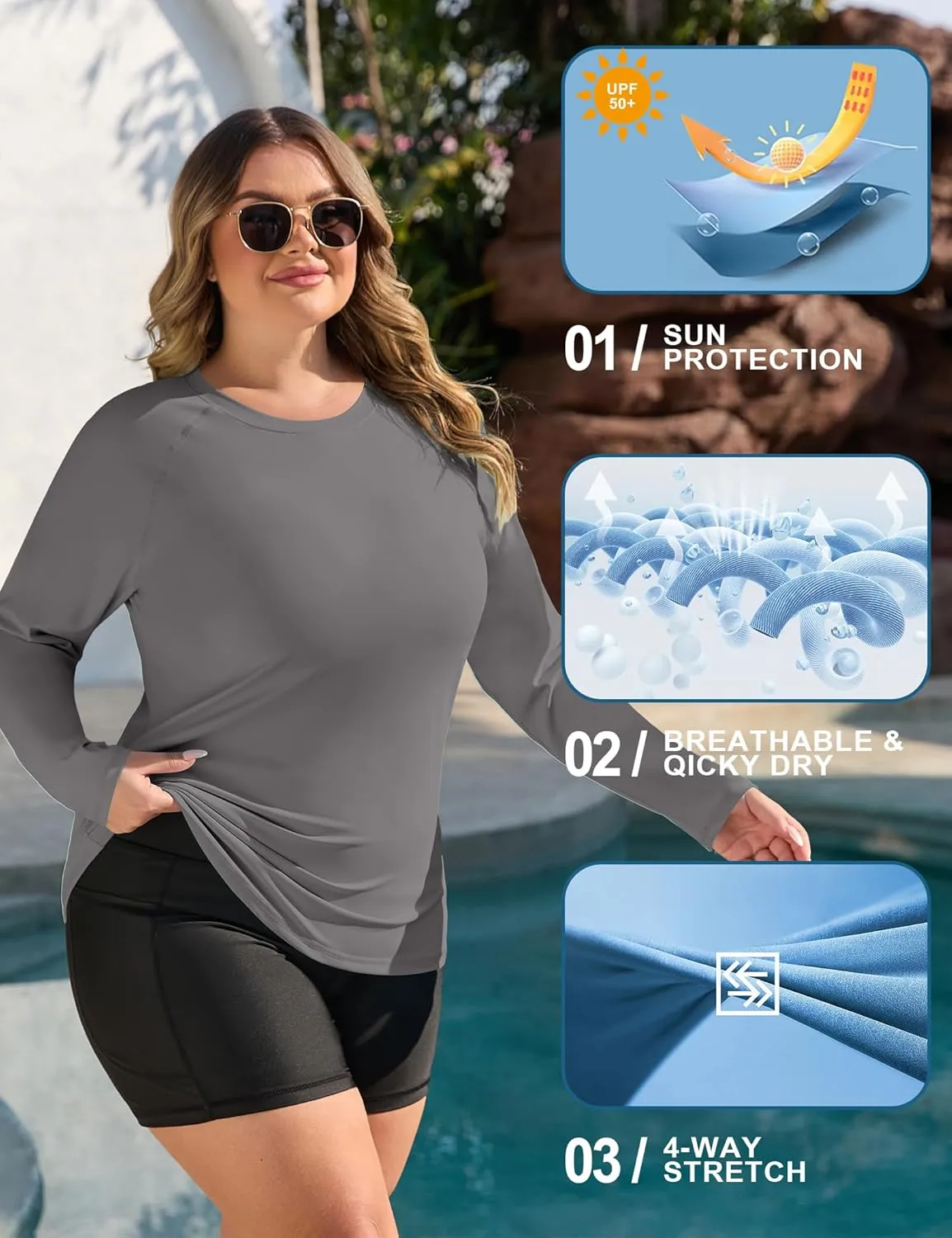 COOTRY Women's Plus Size UPF 50  Sun Shirts Long Sleeve Workout Hiking Tops UV Protection Rash Guard Quick Dry Swim Shirt