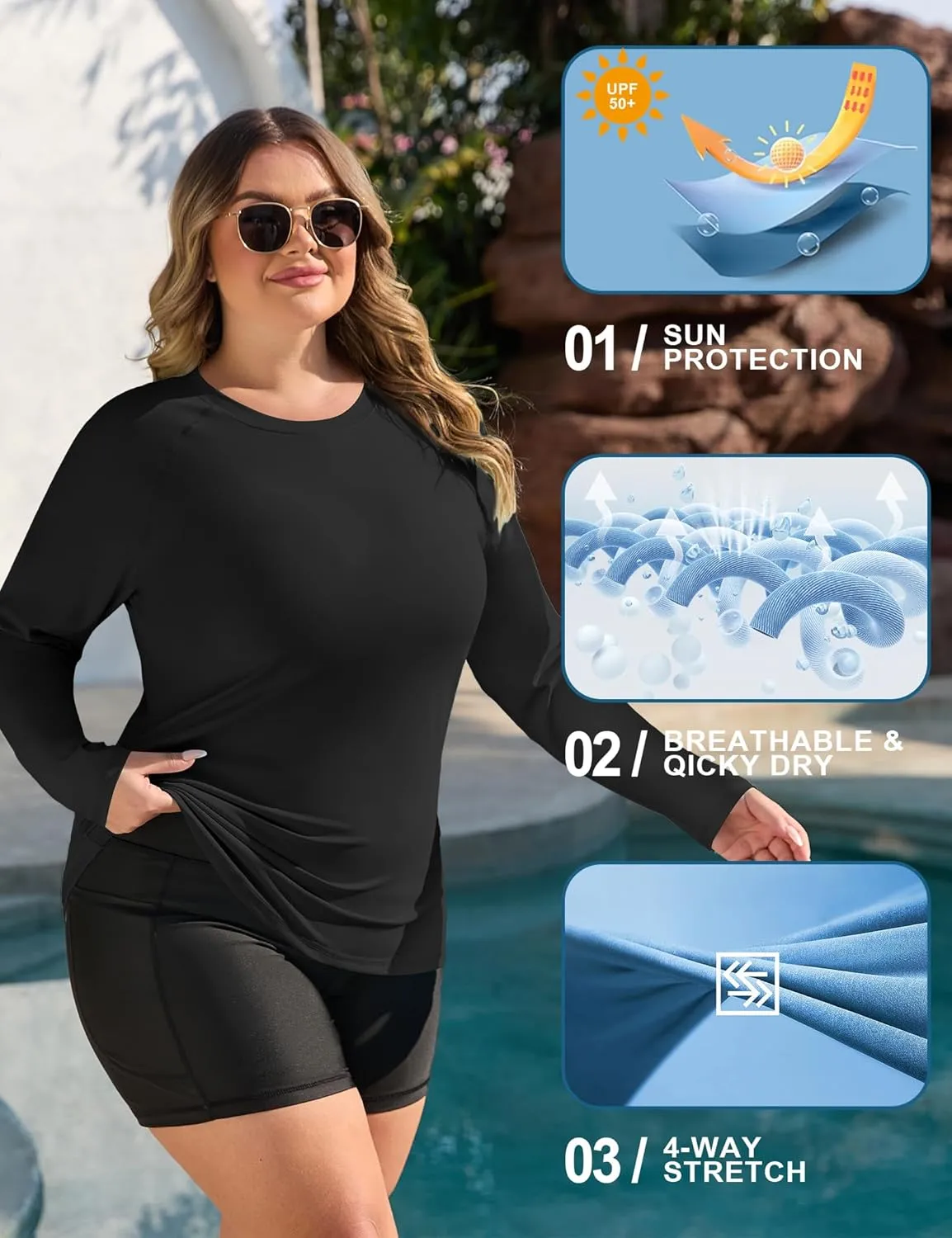 COOTRY Women's Plus Size UPF 50  Sun Shirts Long Sleeve Workout Hiking Tops UV Protection Rash Guard Quick Dry Swim Shirt