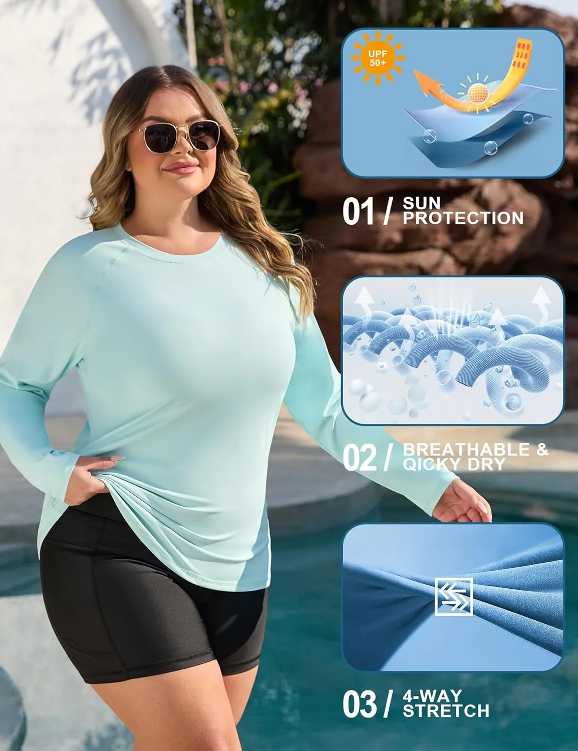 COOTRY Women's Plus Size UPF 50  Sun Shirts Long Sleeve Workout Hiking Tops UV Protection Rash Guard Quick Dry Swim Shirt