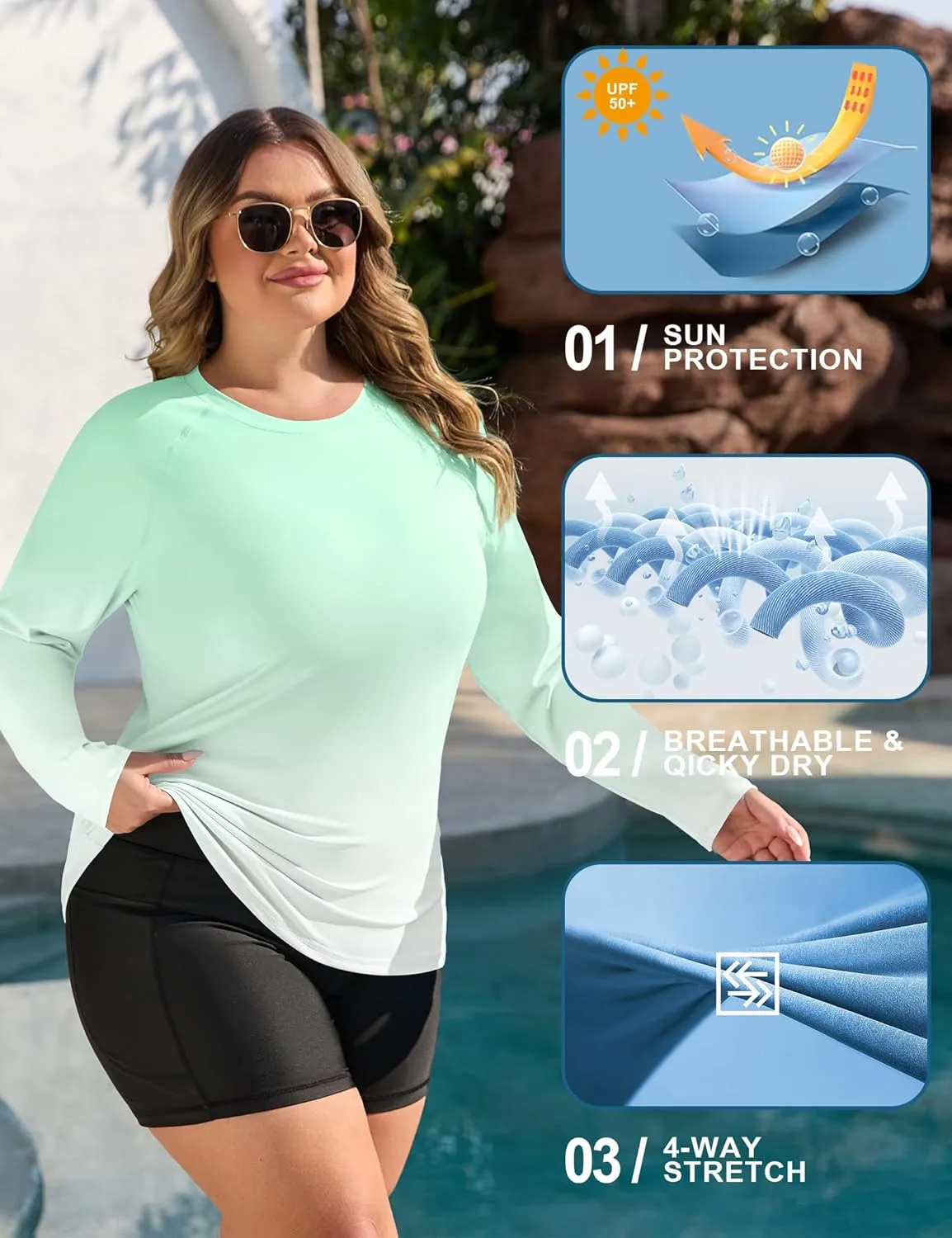 COOTRY Women's Plus Size UPF 50  Sun Shirts Long Sleeve Workout Hiking Tops UV Protection Rash Guard Quick Dry Swim Shirt