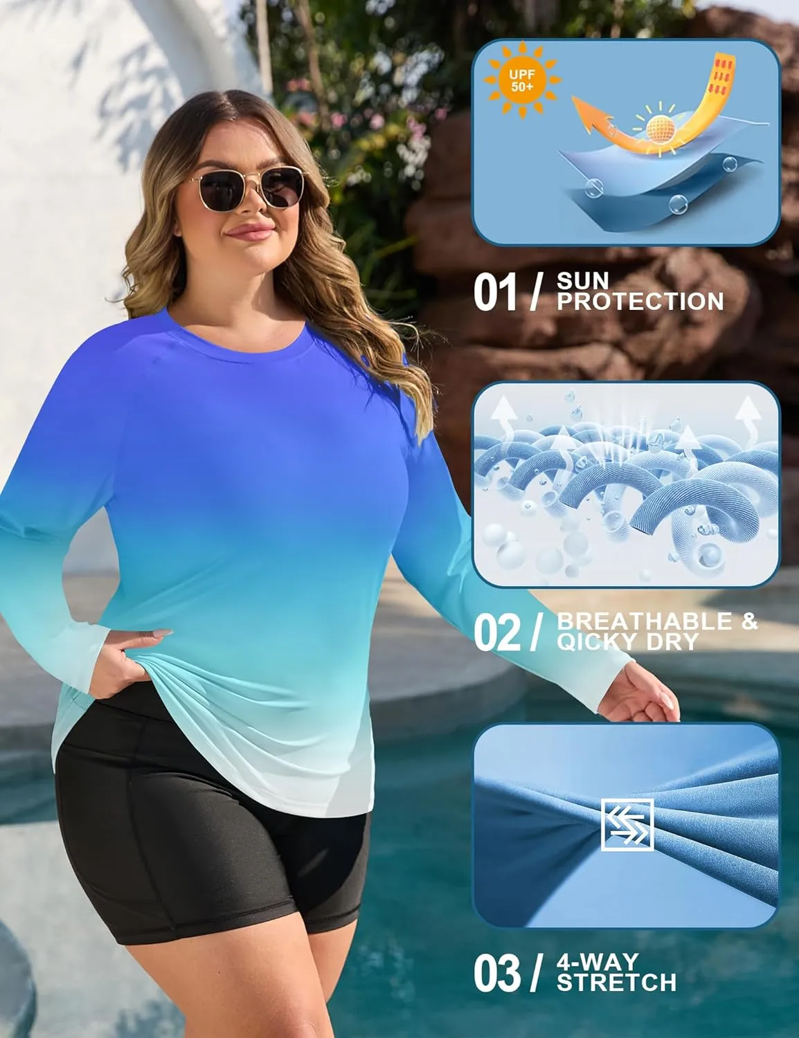 COOTRY Women's Plus Size UPF 50  Sun Shirts Long Sleeve Workout Hiking Tops UV Protection Rash Guard Quick Dry Swim Shirt