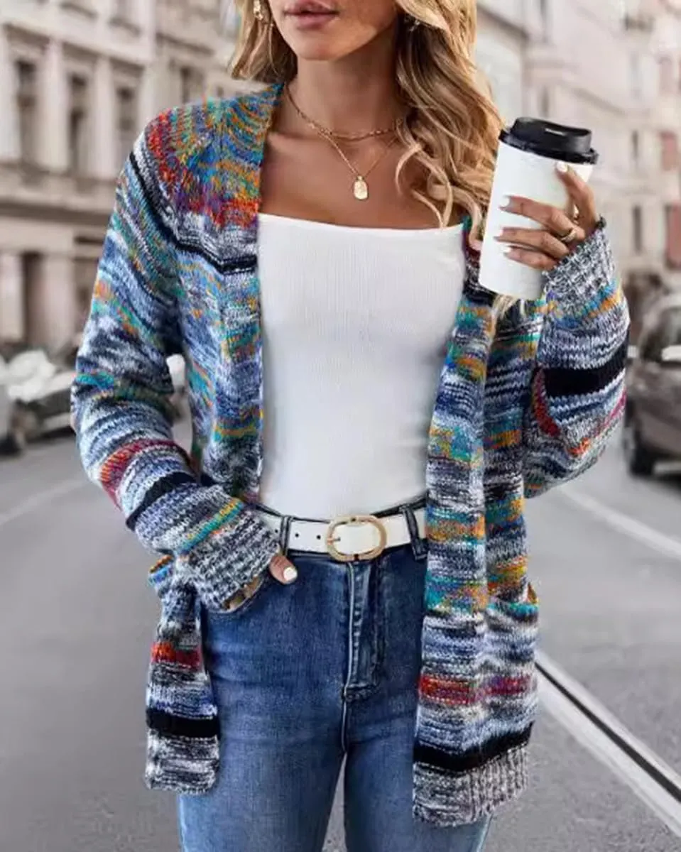 CORIRESHA Women's Open Front Colorful Striped Long Sleeve Pockets Loose Sweater Cardigan