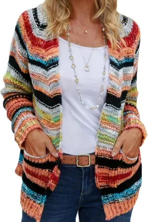 CORIRESHA Women's Open Front Colorful Striped Long Sleeve Pockets Loose Sweater Cardigan