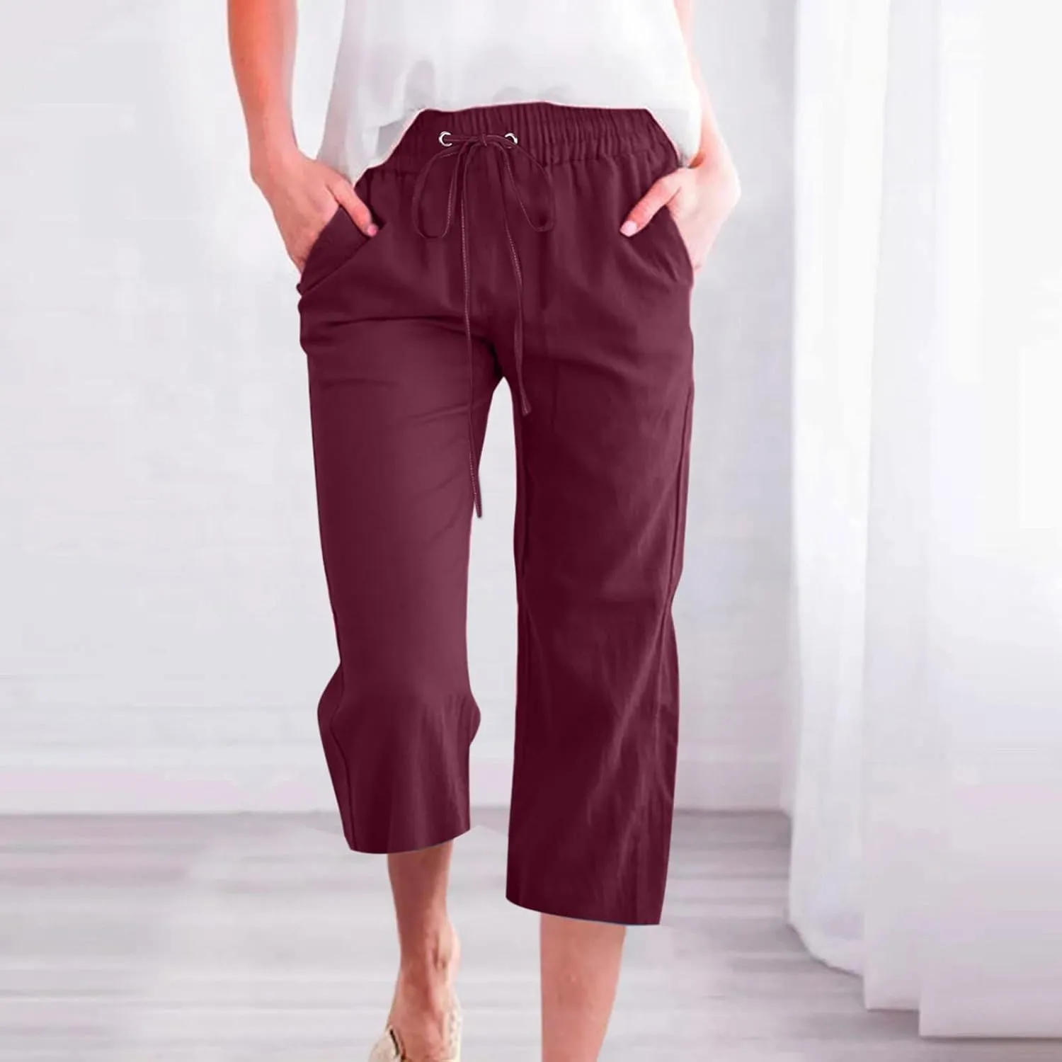 Cotton Linen Capri Pants for Women High Waist Cropped Pant Tie Knot Wide Leg Slacks Summer Beach Palazzo Trousers