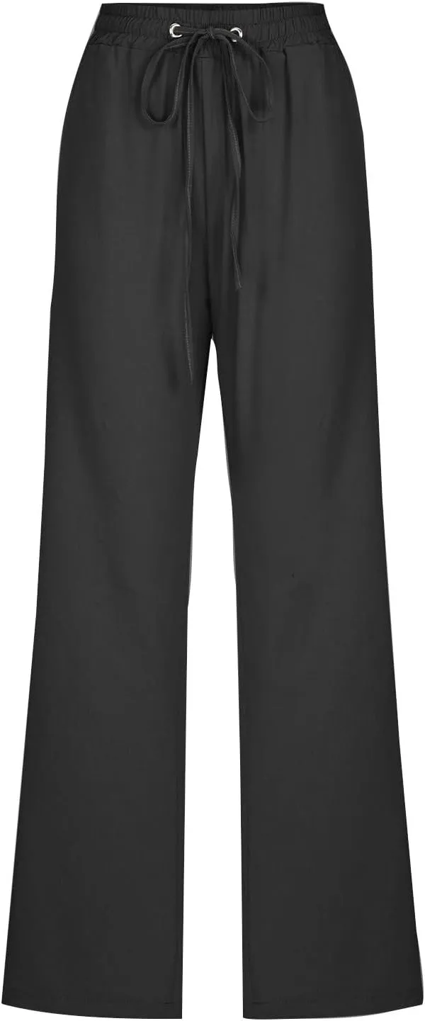 Cotton Linen Pants Women Staight Leg Dressy Casual Summer Pants Elastic High Waisted Trousers with Pockets