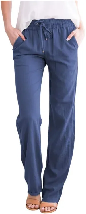 Cotton Linen Pants Women Staight Leg Dressy Casual Summer Pants Elastic High Waisted Trousers with Pockets