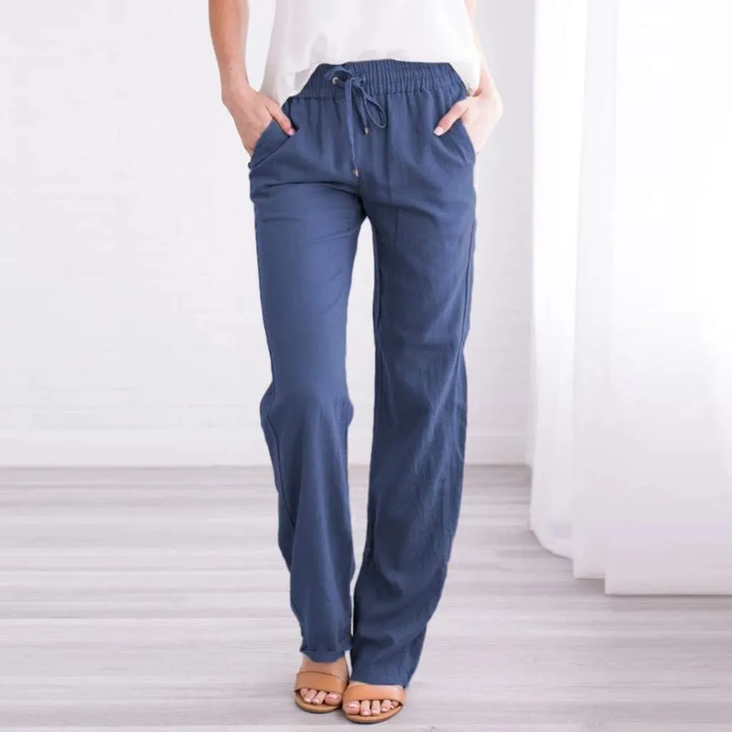 Cotton Linen Pants Women Staight Leg Dressy Casual Summer Pants Elastic High Waisted Trousers with Pockets