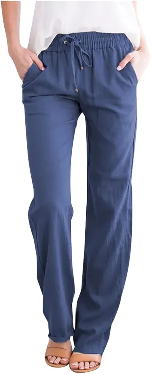 Cotton Linen Pants Women Staight Leg Dressy Casual Summer Pants Elastic High Waisted Trousers with Pockets