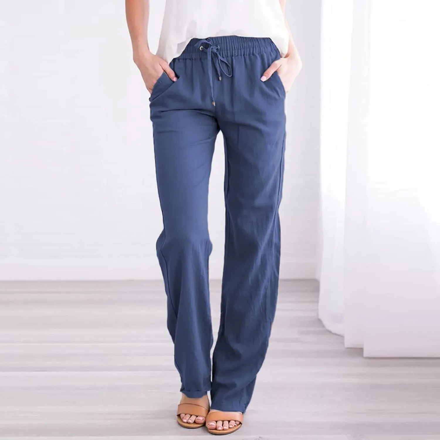 Cotton Linen Pants Women Staight Leg Dressy Casual Summer Pants Elastic High Waisted Trousers with Pockets