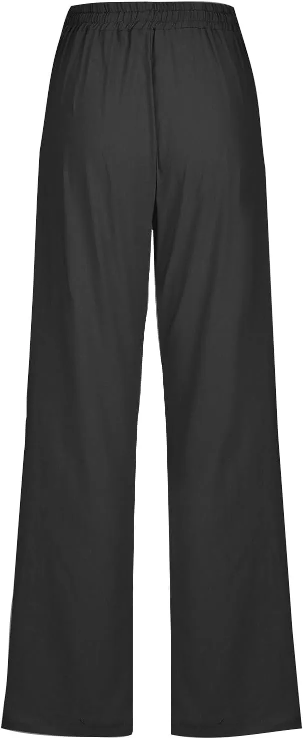 Cotton Linen Pants Women Staight Leg Dressy Casual Summer Pants Elastic High Waisted Trousers with Pockets