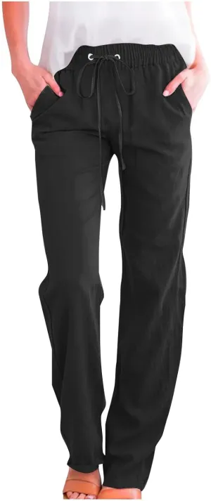Cotton Linen Pants Women Staight Leg Dressy Casual Summer Pants Elastic High Waisted Trousers with Pockets