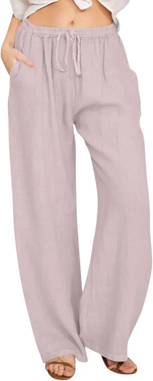 Cotton Linen Pants Women Summer Casual Wide Leg Loose Trousers Drawstring High Waist Palazzo Pants with Pocket