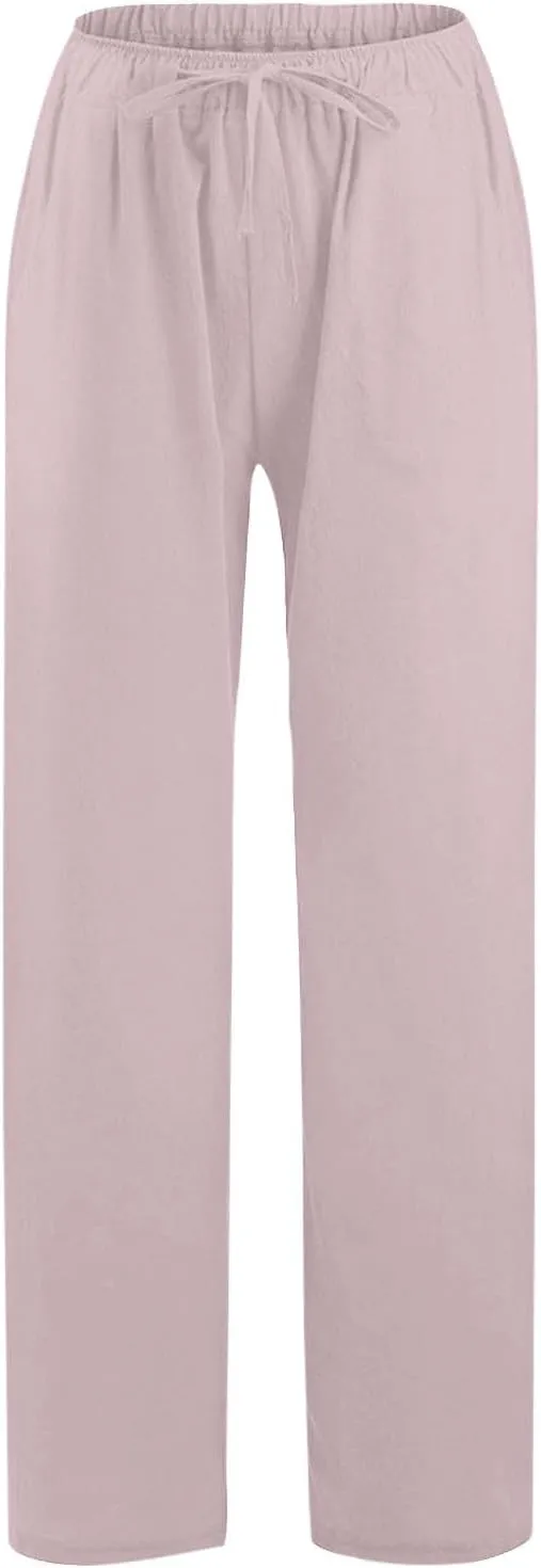 Cotton Linen Pants Women Summer Casual Wide Leg Loose Trousers Drawstring High Waist Palazzo Pants with Pocket