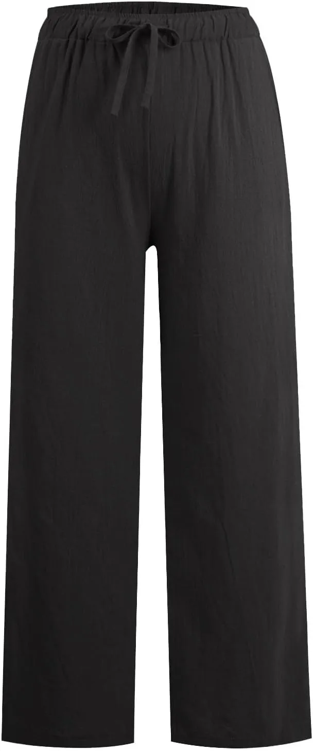 Cotton Linen Pants Women Summer Casual Wide Leg Loose Trousers Drawstring High Waist Palazzo Pants with Pocket