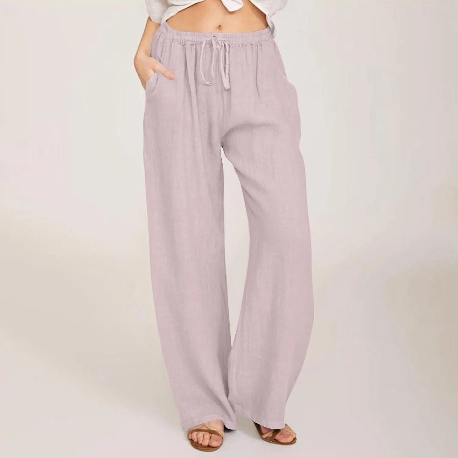 Cotton Linen Pants Women Summer Casual Wide Leg Loose Trousers Drawstring High Waist Palazzo Pants with Pocket