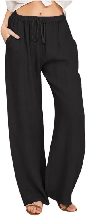 Cotton Linen Pants Women Summer Casual Wide Leg Loose Trousers Drawstring High Waist Palazzo Pants with Pocket