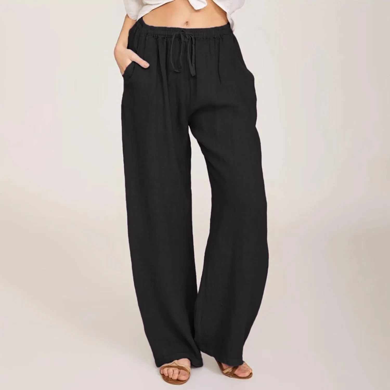 Cotton Linen Pants Women Summer Casual Wide Leg Loose Trousers Drawstring High Waist Palazzo Pants with Pocket