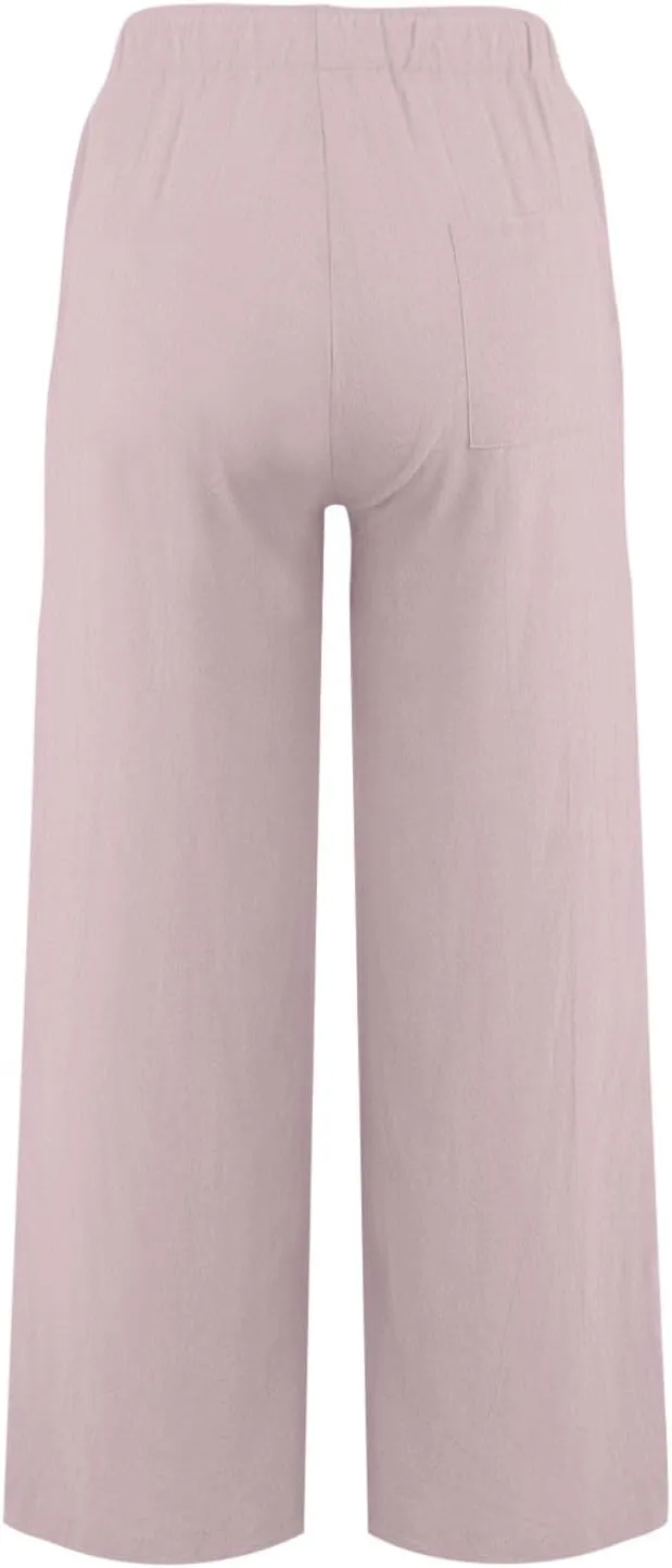 Cotton Linen Pants Women Summer Casual Wide Leg Loose Trousers Drawstring High Waist Palazzo Pants with Pocket