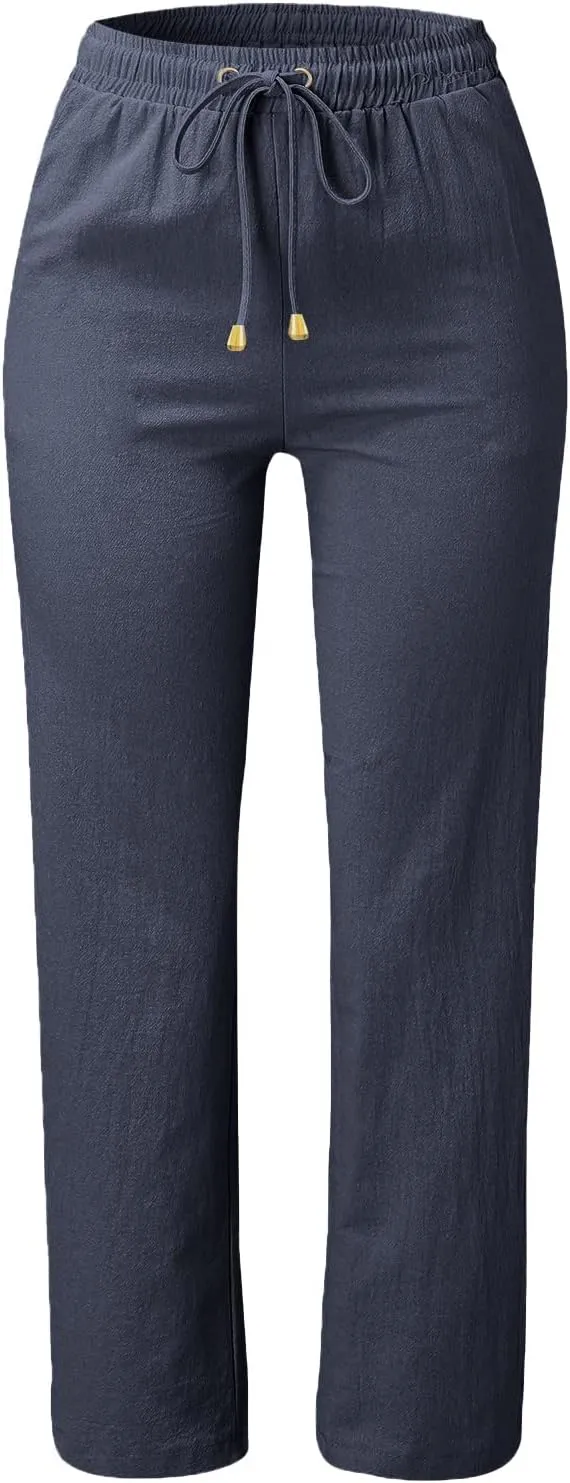 Cotton Linen Pants Women Summer Petite Elastic Waist Solid Lounge Long Trousers Relax Fit Leg White Beach Pant