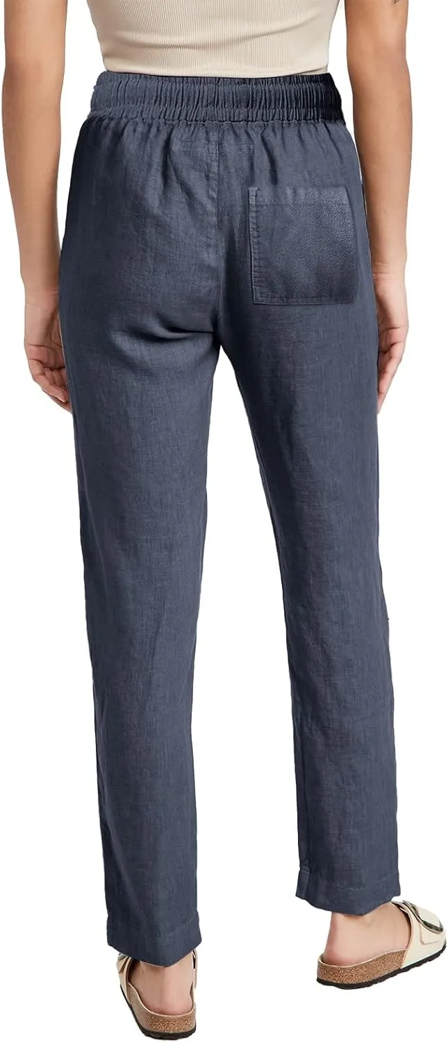 Cotton Linen Pants Women Summer Petite Elastic Waist Solid Lounge Long Trousers Relax Fit Leg White Beach Pant