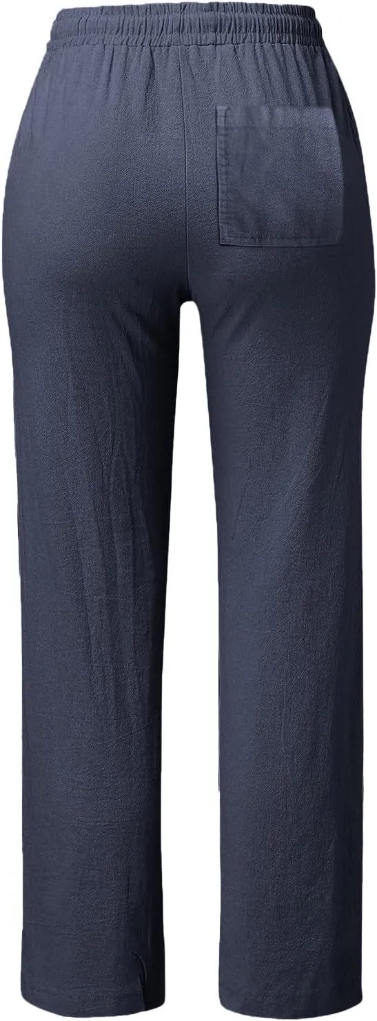 Cotton Linen Pants Women Summer Petite Elastic Waist Solid Lounge Long Trousers Relax Fit Leg White Beach Pant