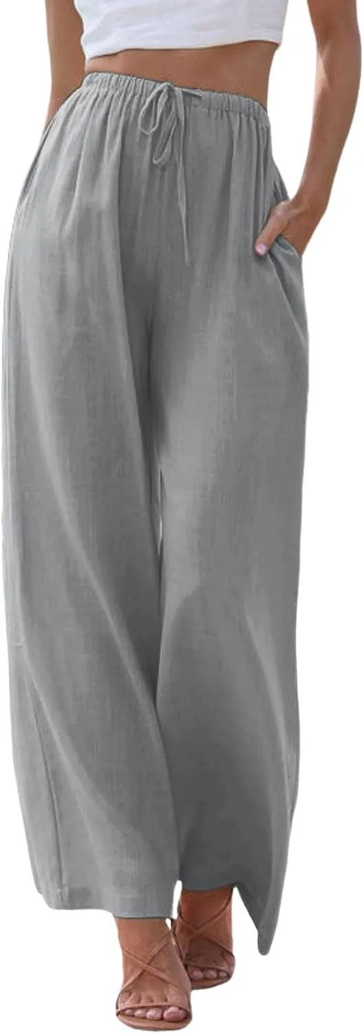 Cotton Linen Pants Women Summer Wide Leg Flowy Pants Cusual Drawstring High Waist Palazzo Pants Beach Trousers with Pockets