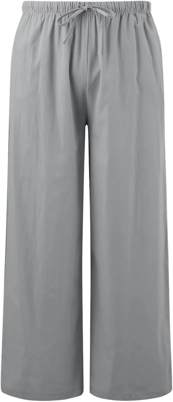 Cotton Linen Pants Women Summer Wide Leg Flowy Pants Cusual Drawstring High Waist Palazzo Pants Beach Trousers with Pockets