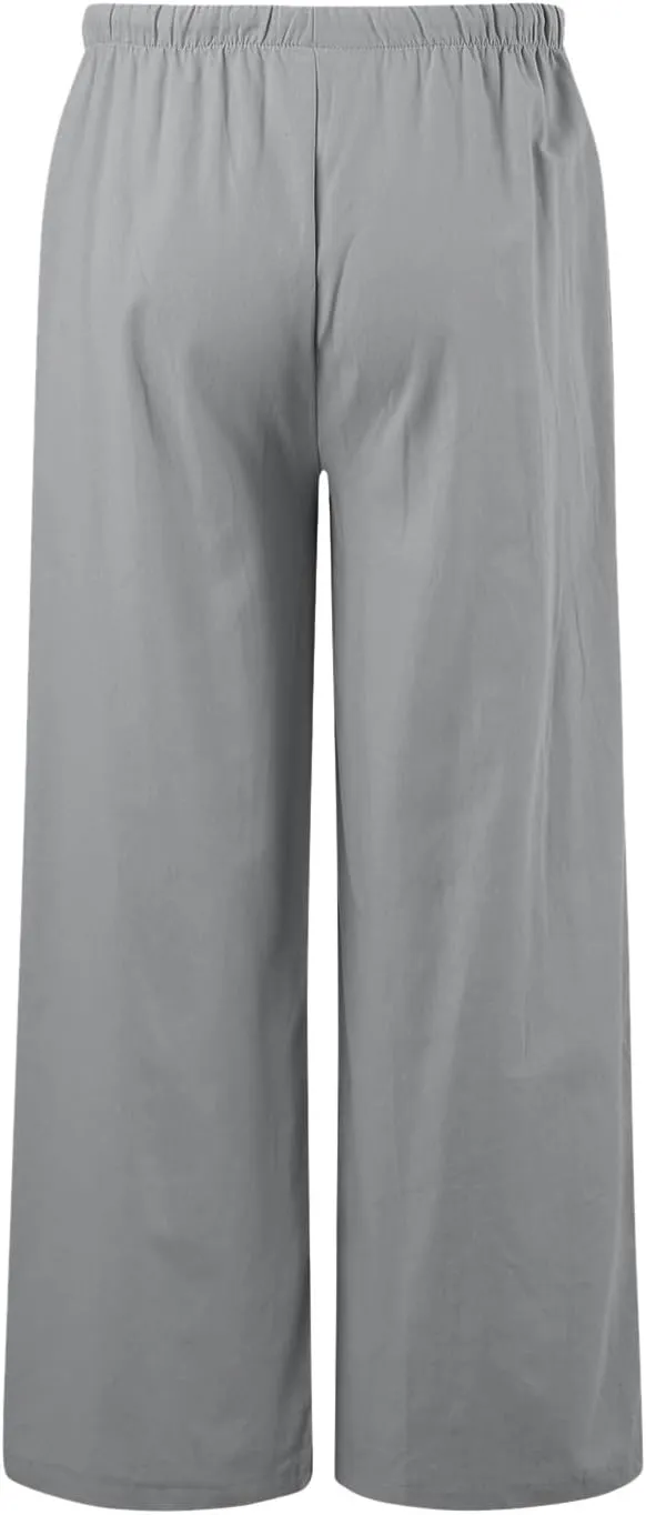 Cotton Linen Pants Women Summer Wide Leg Flowy Pants Cusual Drawstring High Waist Palazzo Pants Beach Trousers with Pockets