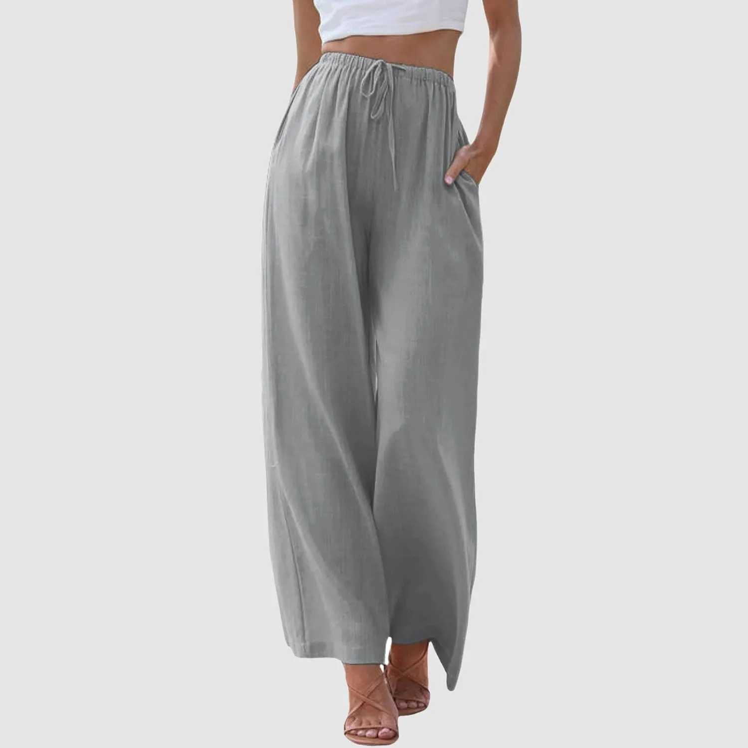 Cotton Linen Pants Women Summer Wide Leg Flowy Pants Cusual Drawstring High Waist Palazzo Pants Beach Trousers with Pockets