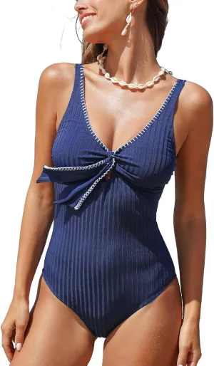 CUPSHE Women's One Piece Swimsuit V Neck Adjustable Wide Straps Knotted Front Textured Bathing Suit