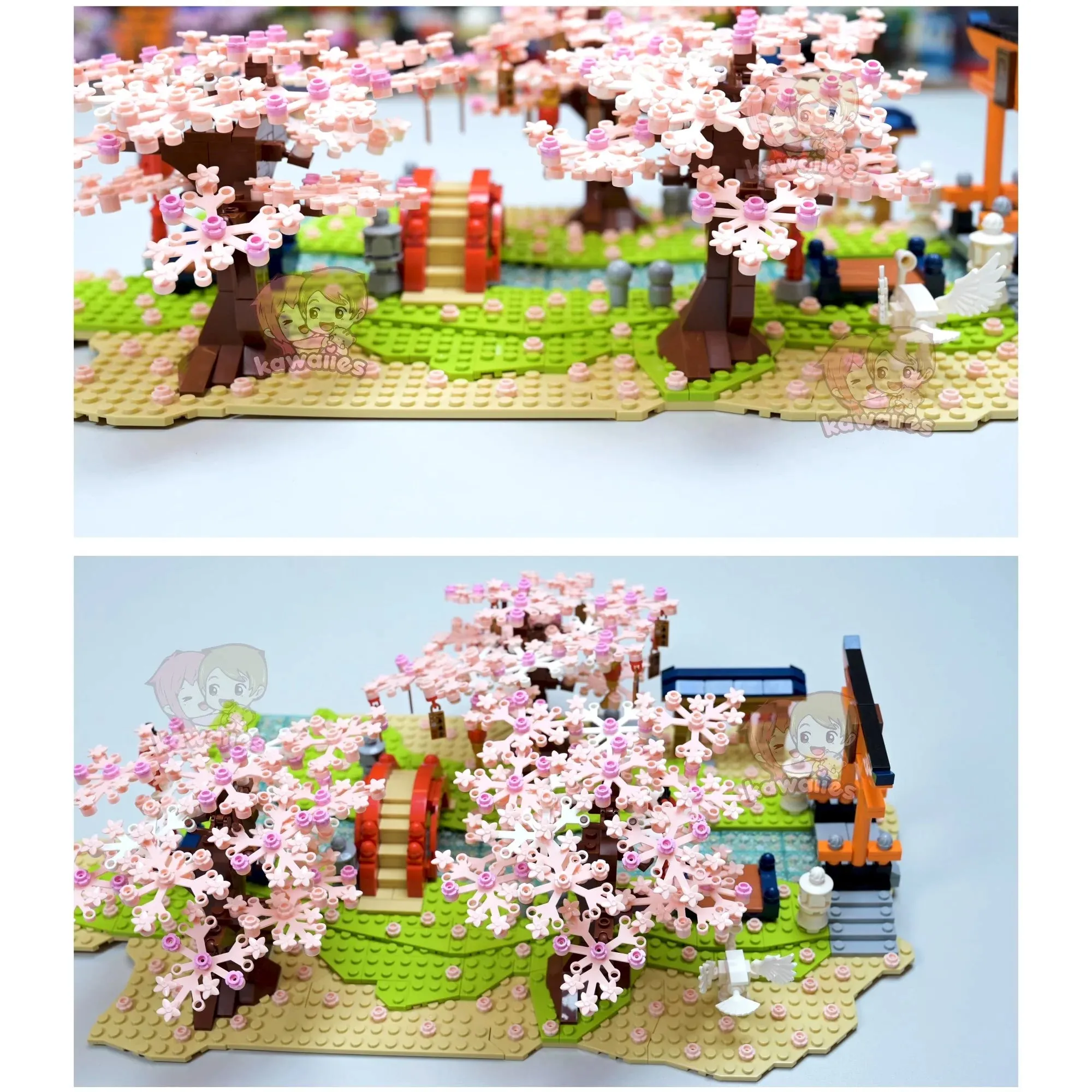 Cute Japanese Building Set Hakone Red Bridge Lake View with Sakura Trees