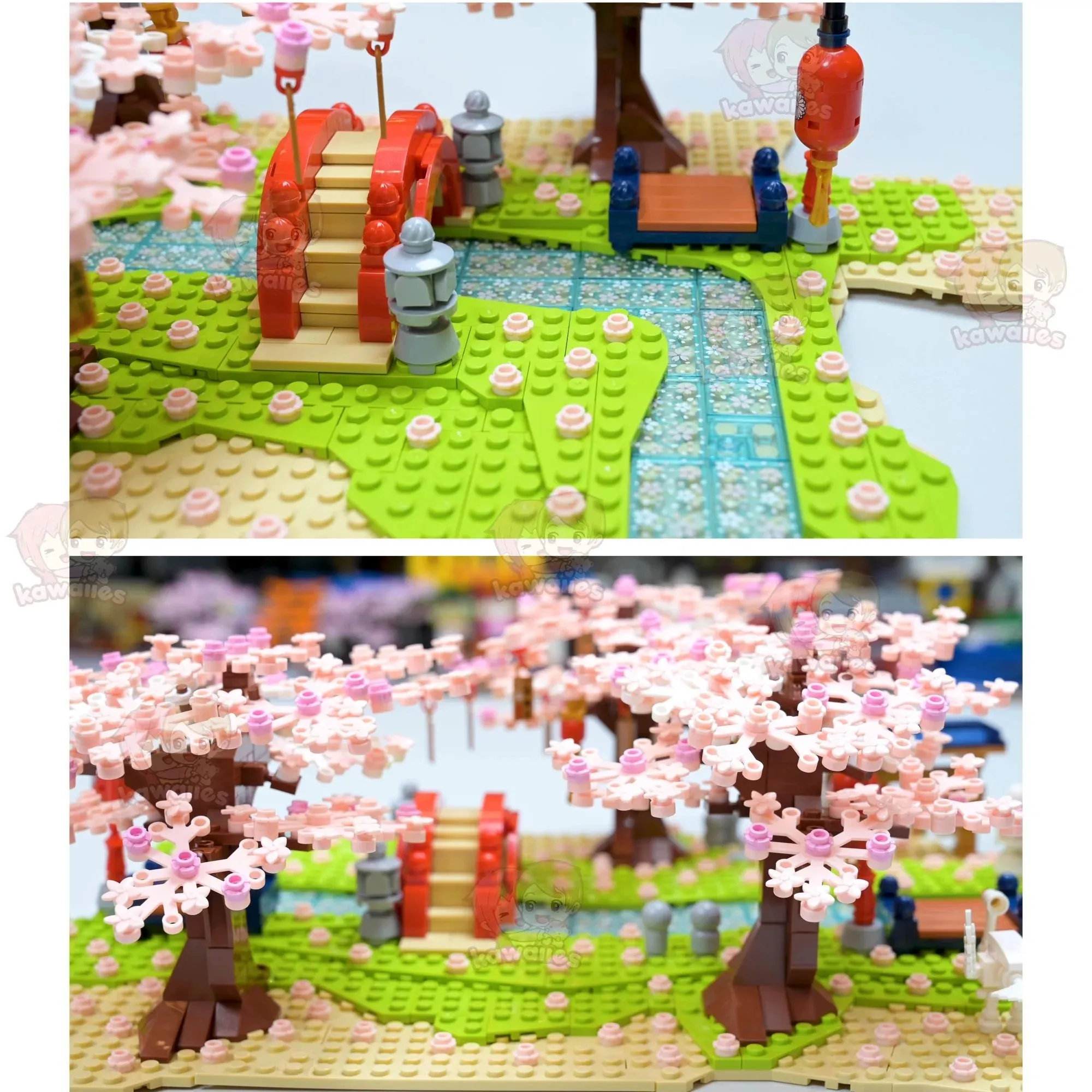 Cute Japanese Building Set Hakone Red Bridge Lake View with Sakura Trees