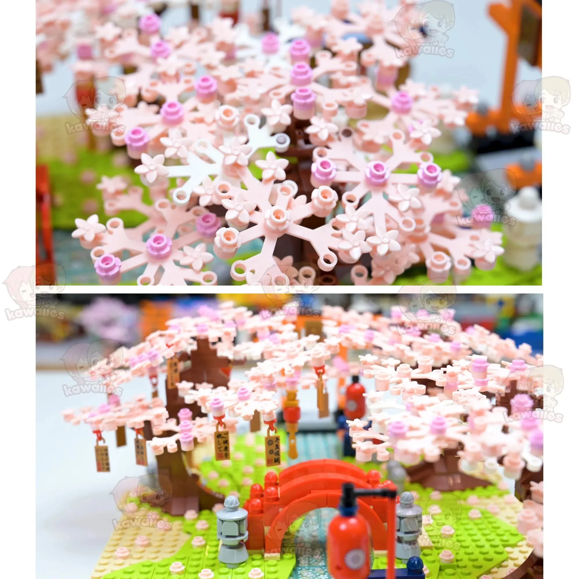 Cute Japanese Building Set Hakone Red Bridge Lake View with Sakura Trees