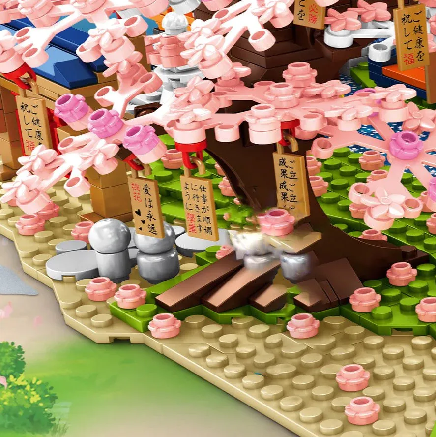 Cute Japanese Building Set Hakone Red Bridge Lake View with Sakura Trees